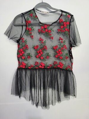 Twinkle Tulle Overlay Floral Embroidered Top in Black Small?