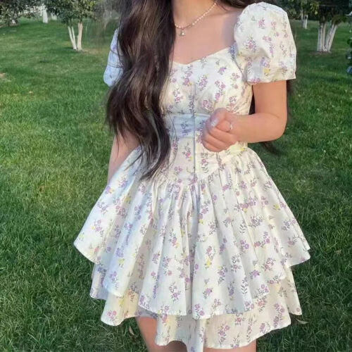 Dress Women Summer Party Dress Short Mini Puff Sleeve Floral Dress Female - Picture 2 of 14