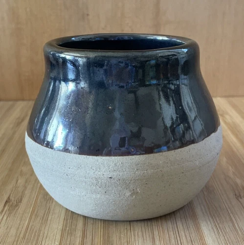 Vintage Mini Stoneware Baked Bean Pot Crock - 3.25" Two Tone Brown & Tan