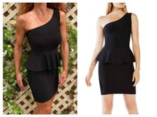 BCBG MAX AZRIA MALIA BLACK KNIT ONE SHOULDER PEPLUM STRETCH COCKTAIL DRESS XXS