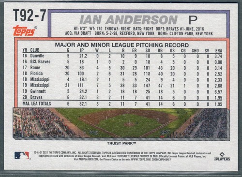 2021 Topps Update Ian Anderson 1992 Redux Rookie RC #T92-7 Braves - Picture 2 of 2