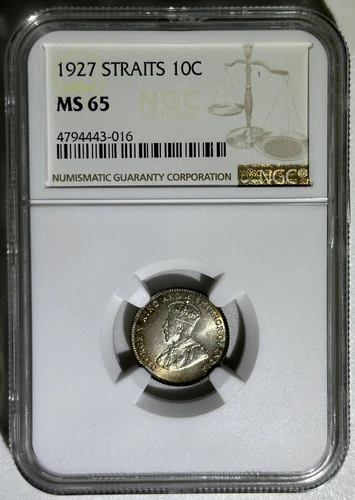 Straits Settlements 1927 Silver Coin 10 Cents Pre Malaysia Choice BU NGC MS 65