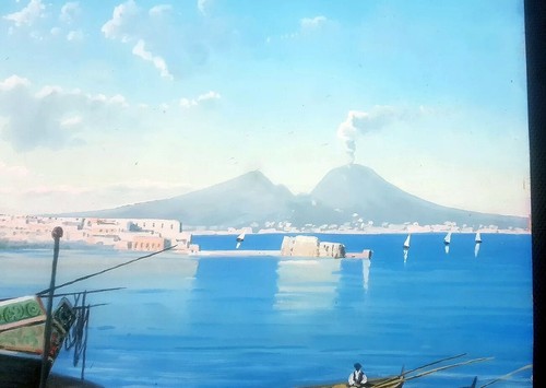 Gouache antica napoli 1920 circa firmata montullo vesuvio tempera veduta - Foto 4 di 9