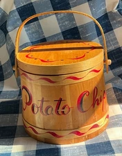 Vintage Shaker/Firkin Style Wooden Basket with Lid, Labeled Potato Chips
