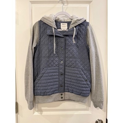 RVCA Mens Quilted Hybrid Hooded Jacket Blue Grey Snap Front Puffer