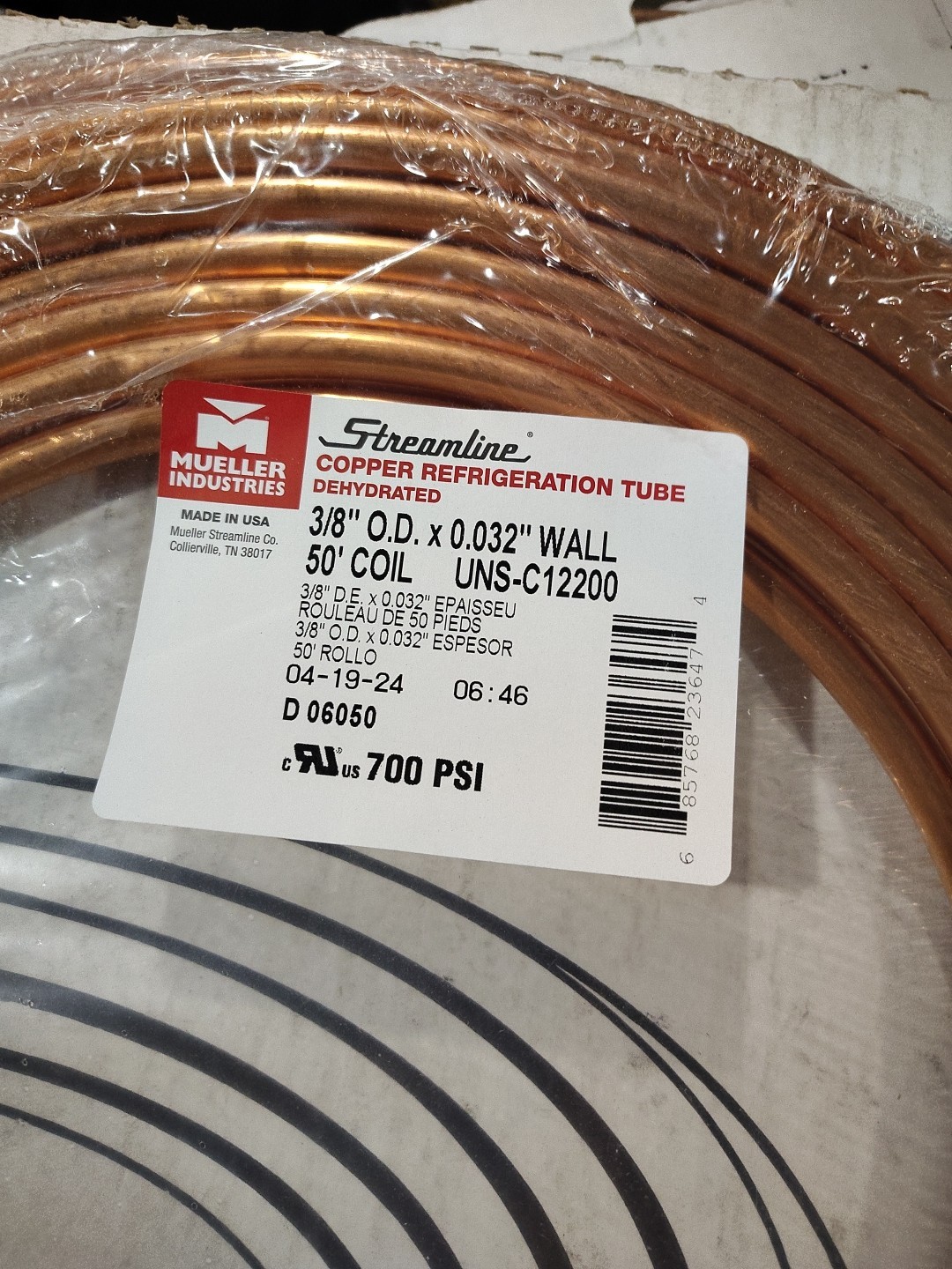 MUELLER INDUSTRIES 50' Long, 3/8″ OD x 0.311″ ID, Copper Seamless Tube D 06050P