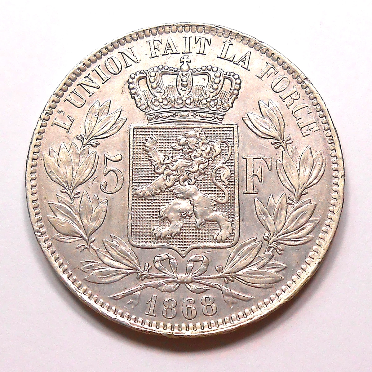 KM#24/ベルギー レオポルド2世 5フラン大型銀貨（1868）[E1877]コイン