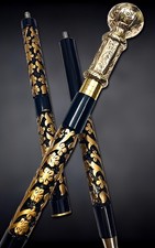 Wooden Walking Cane 3 Fold Stick Personalized Luxury Black  Gold Floral design