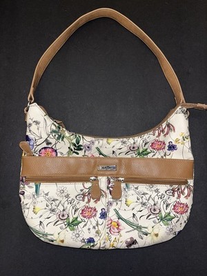 MultiSac Floral Shoulder Bag Multi Pocket Cream Brown Zipper Organizer