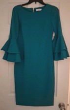 Calvin Klein Womens Dress Size 4 Turquoise Sheath 3/4 Bell Sleeves Lined Knee Le