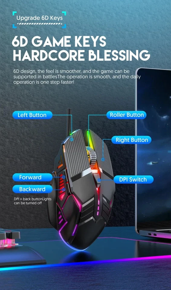 New 3200DPI Ergonomic Wired Gaming Mouse USB Silent Mouse With LED Lights - Image 2 of 4