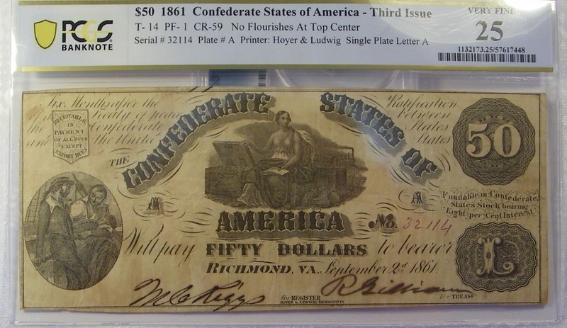 1861 $50 Confederate Currency T-14 PCGS Very Fine 25