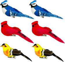 6Pcs Christmas Tree Ornaments Clip on Artificial Birds Realistic Red Cardinal Bl