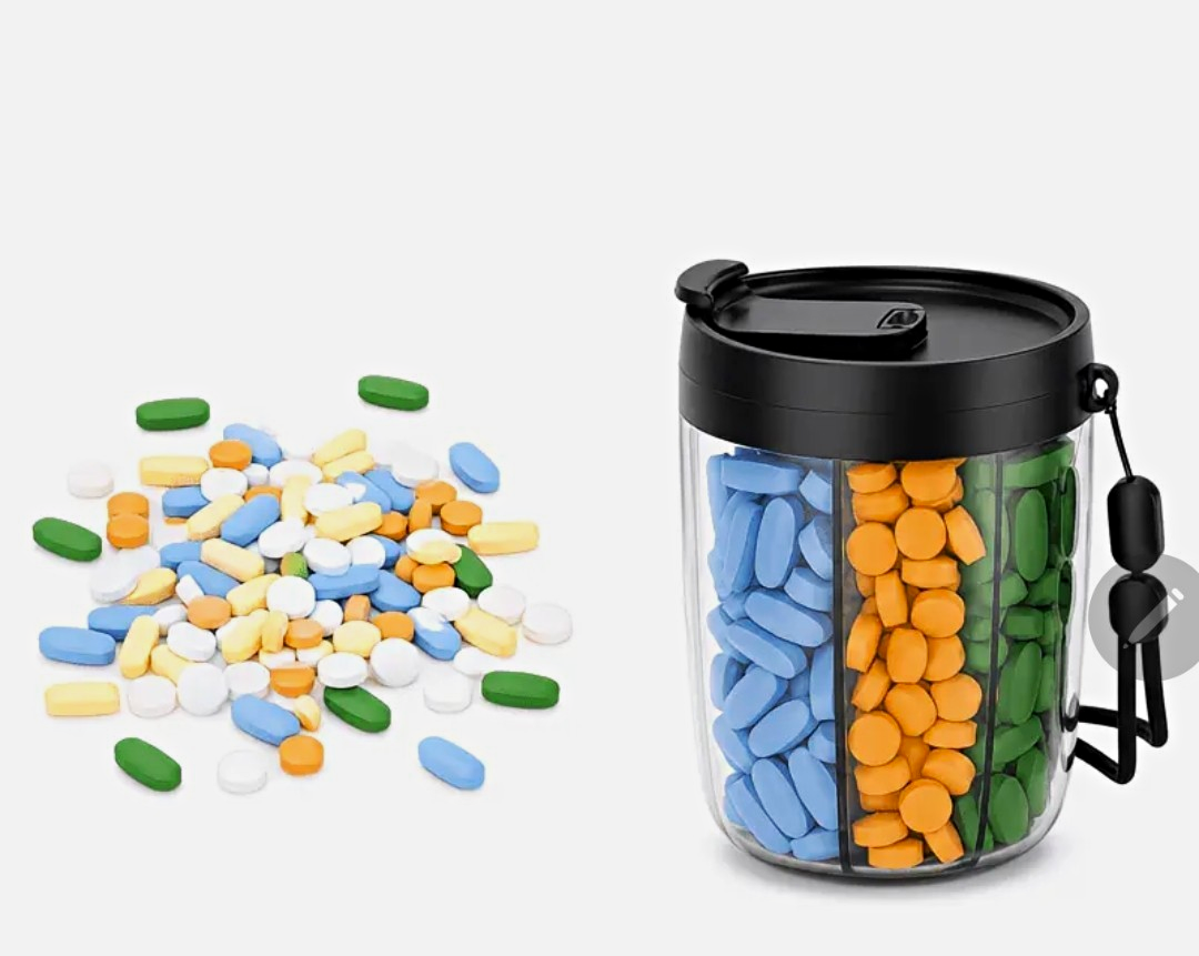 Plastic Pill Organizer, Multi-Compartment w/ Strap, Black/Clear