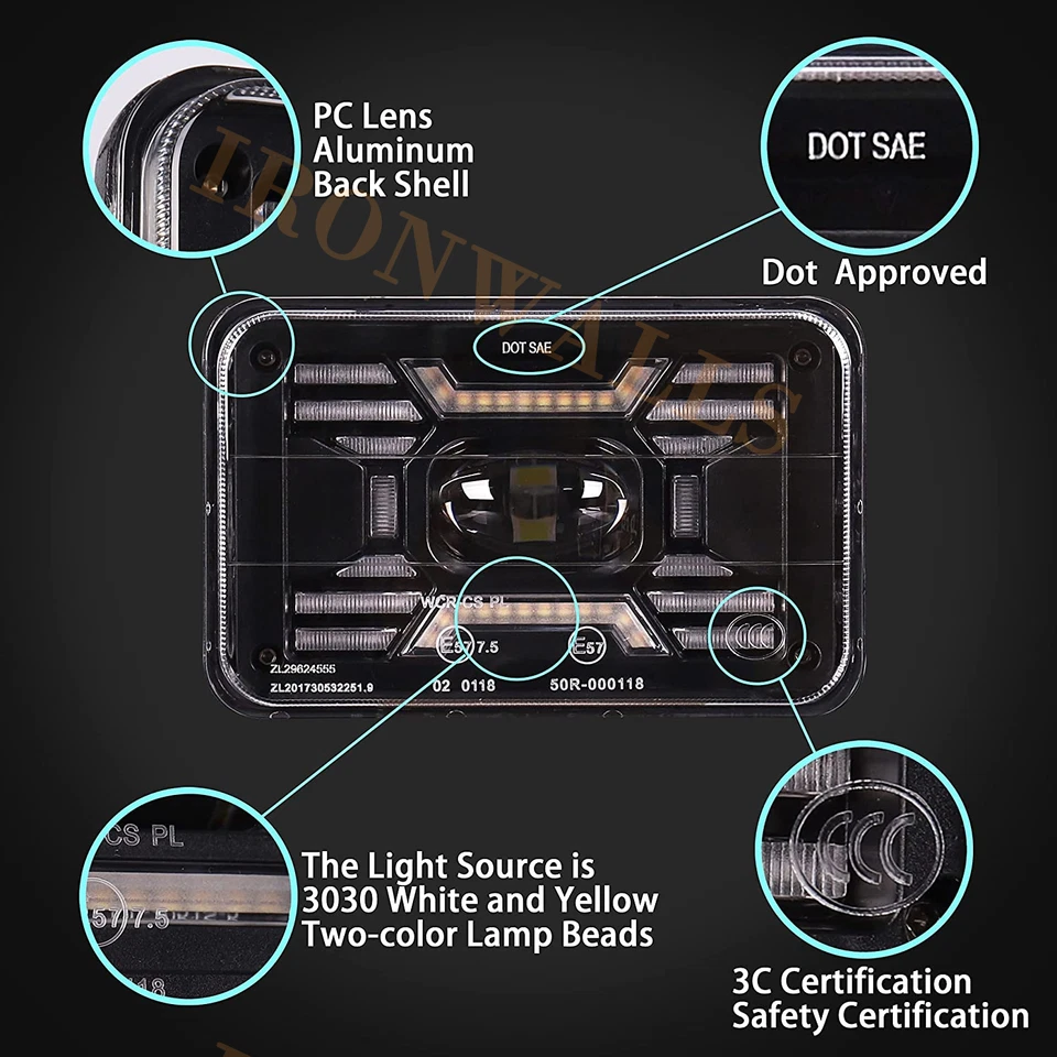 For Ford Mustang 1979-1986 DOT 4pcs 4x6" LED Headlights Hi/Lo Beam With Turn DRL - Image 3 of 4