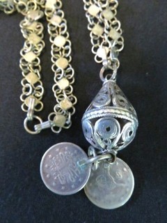 MIDDLE EASTERN TURKISH SILVER OPEN FILIGREE TEARDROP OTTOMAN COIN NECKLACE