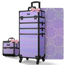 Byootique 4in1 Rolling Makeup Train Case w/ Cube Case Cosmetic Organizer Purple