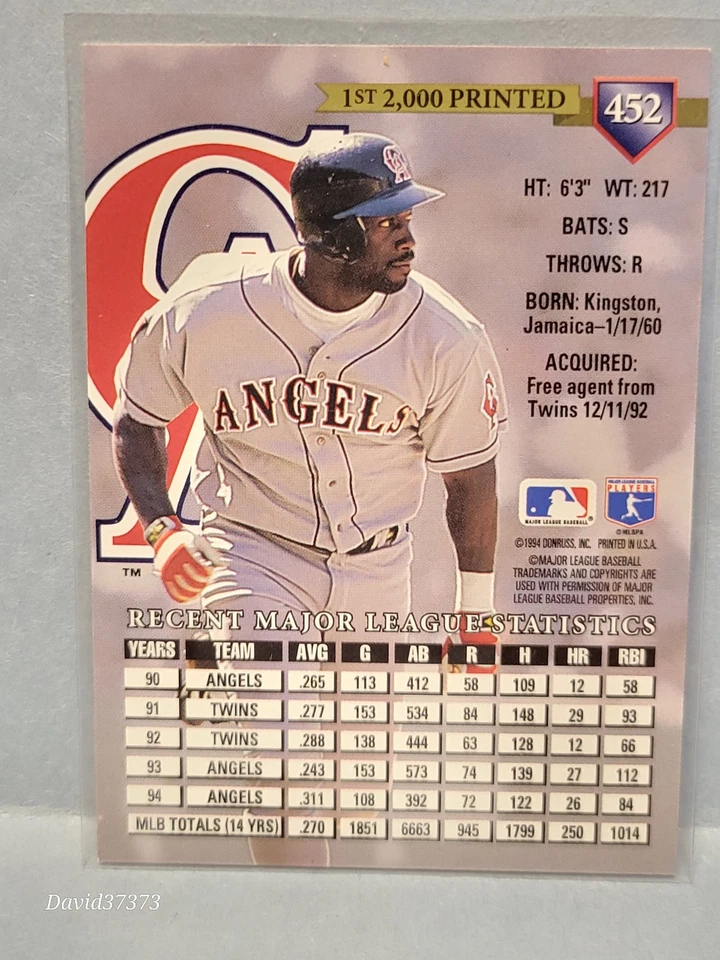1995 Donruss - Chili Davis #452 Press Proof 1 of 2000 - Image 2 of 2