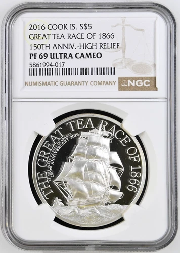 2016 Cook Islands S$5 Dollars Great Tea Race of 1866 Silver 150th Ann NGC PF69UC