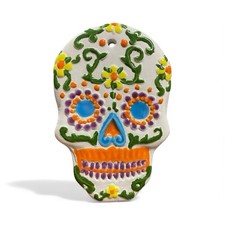 Ceramic Flat Sugar Skull Day of the Dead Ornament D a de los Muertos Small White