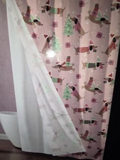 Pink Betsey Johnson 14 Pc Dachshund dog Holiday Shower Curtain Set w/Liner  NWT