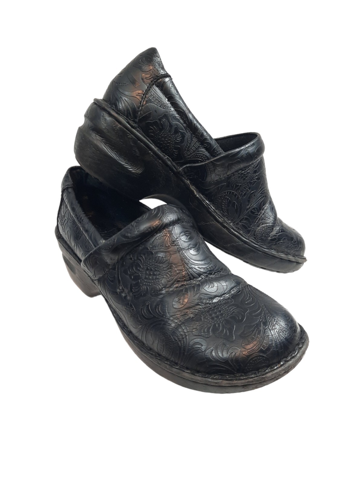 Born B.O.C Peggy Slip On Clogs Black Tooled Leather Size 9 Women's Shoes