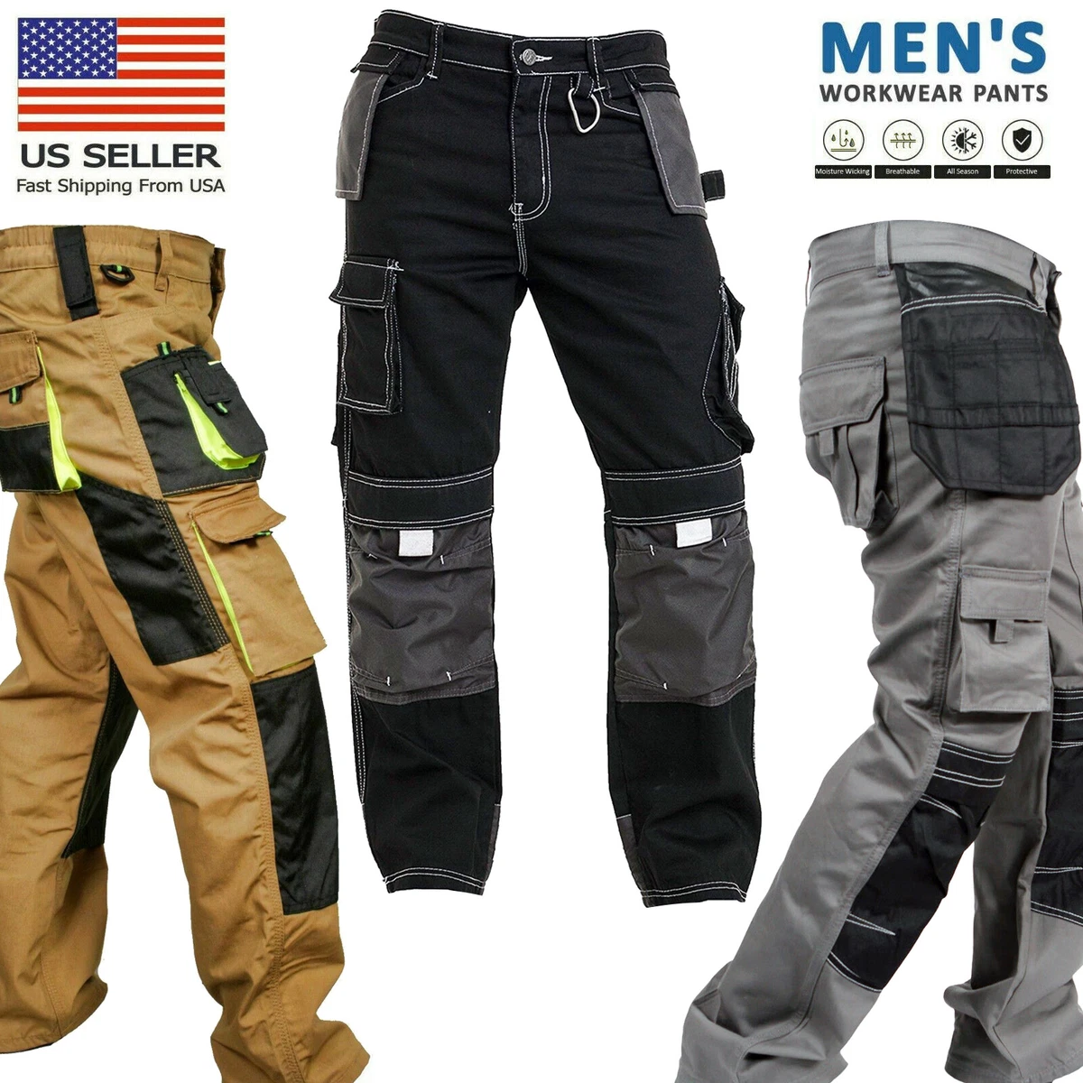 Mens Utility Carpenter Cargo Work Pants Construction Heavy-Duty