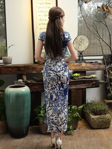 New Luxurious Satin Chinese Porcelain Blue Floral Prints Dress Cheongsam Qipao - Picture 3 of 5