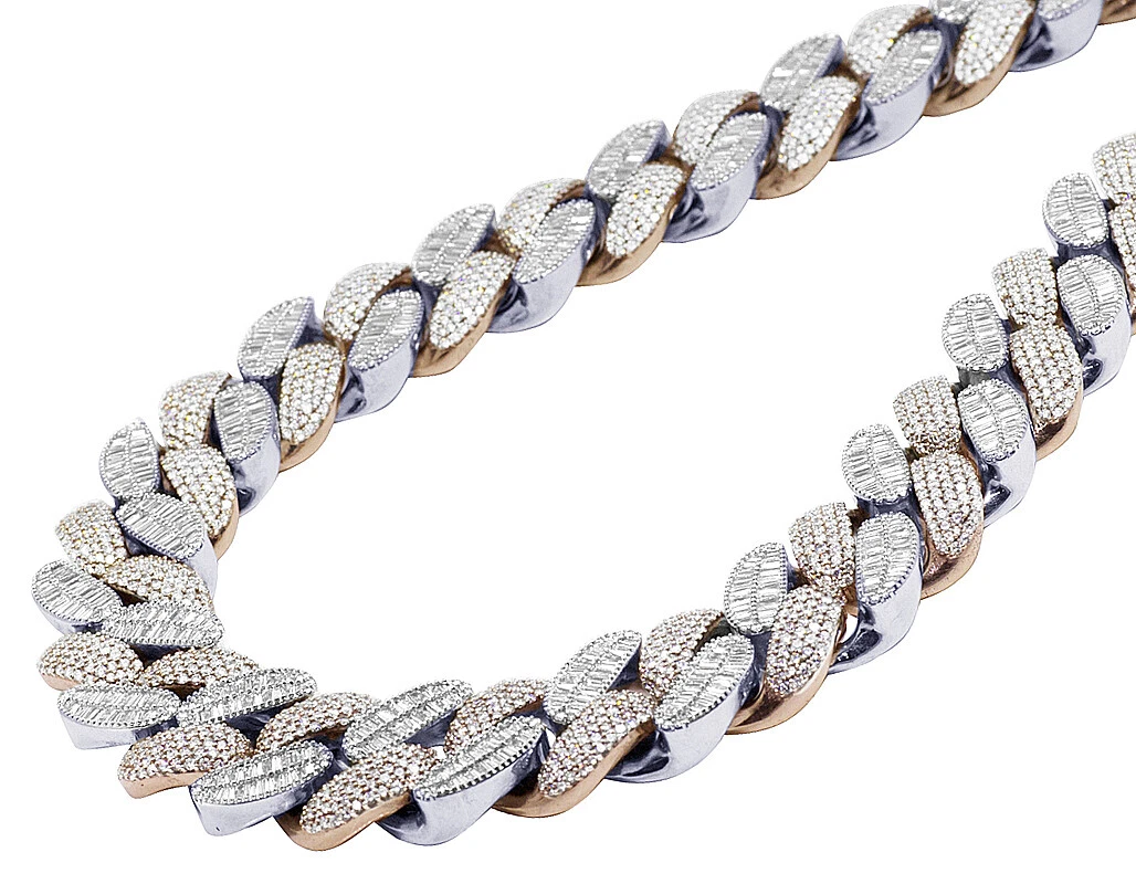 10k Tow Tone Baguette Round 92.65 CT Real Diamond Cuban Necklace