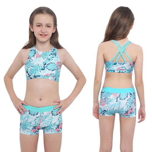 Girls Print Athletic Tankini Set Sport Crop Top with Swim Short Bathing Suits - Picture 9 of 143