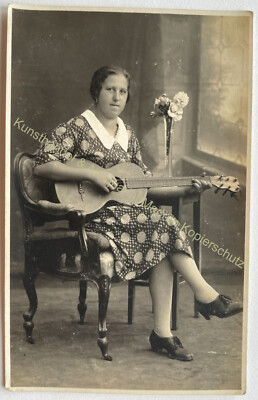 orig. Photo Postcard Lute Guitar Music Musical Instrument Circa 1910 Lady