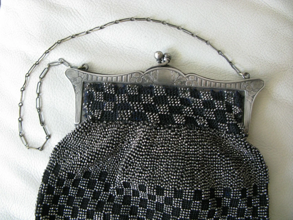 Antique Black Crochet Checkerboard Silver French Steel Micro Bead Tassel Purse - Image 4 of 4
