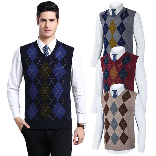 Mens Knitted Tank Top Argyle Sleeveless 