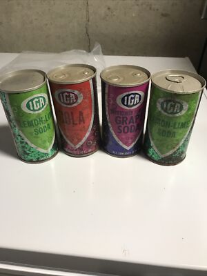 LOT OF 4 IGA SODA EMPTY METAL CANS GRAPE  Lime Cola FREE SHIP NICE SHAPE