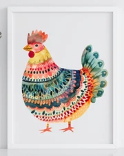 Chicken Folk Art Print, Chicken Wall Art Decor, Farm Animals Art Print #45