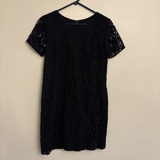 Ann Taylor Loft Women Sz 4 Lace Overlay Shift Dress Short Sleeve Crew Neck Black