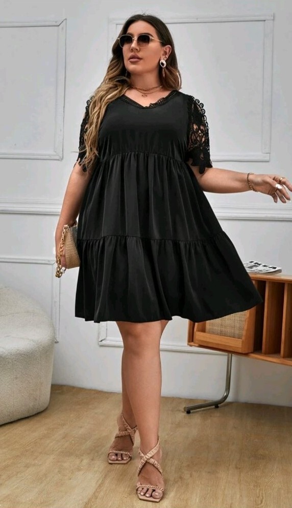 SheIn Womens Plus Black Lace Insert Ruffle Hem Dress Short Sleeves Size 2XL  / 16 | eBay