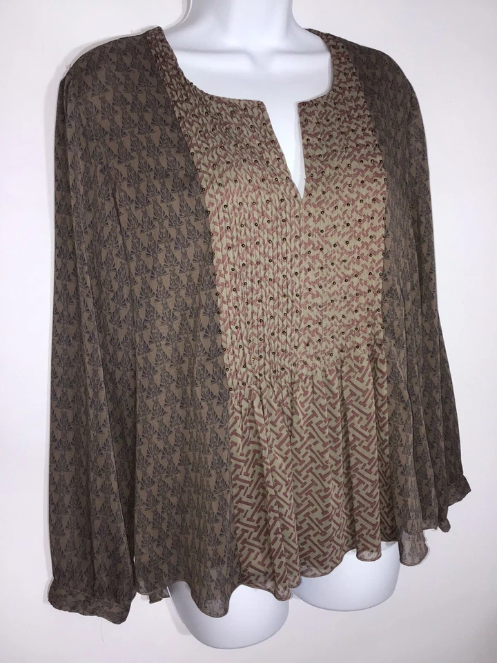 Top Coldwater Creek Talla PM (10-12) Pintuck Plisado Marrón Taupe Estampado Cuentas NUEVO Foto 3 de 4