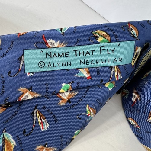 EUC Vintage Alynn 100% Silk Necktie "Name that Fly" Graphic Print Fishing Sport - Picture 3 of 7