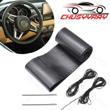 Genuine Leather DIY Car Steering Wheel Cover Anti-slip For 15"/38 cm Black US
