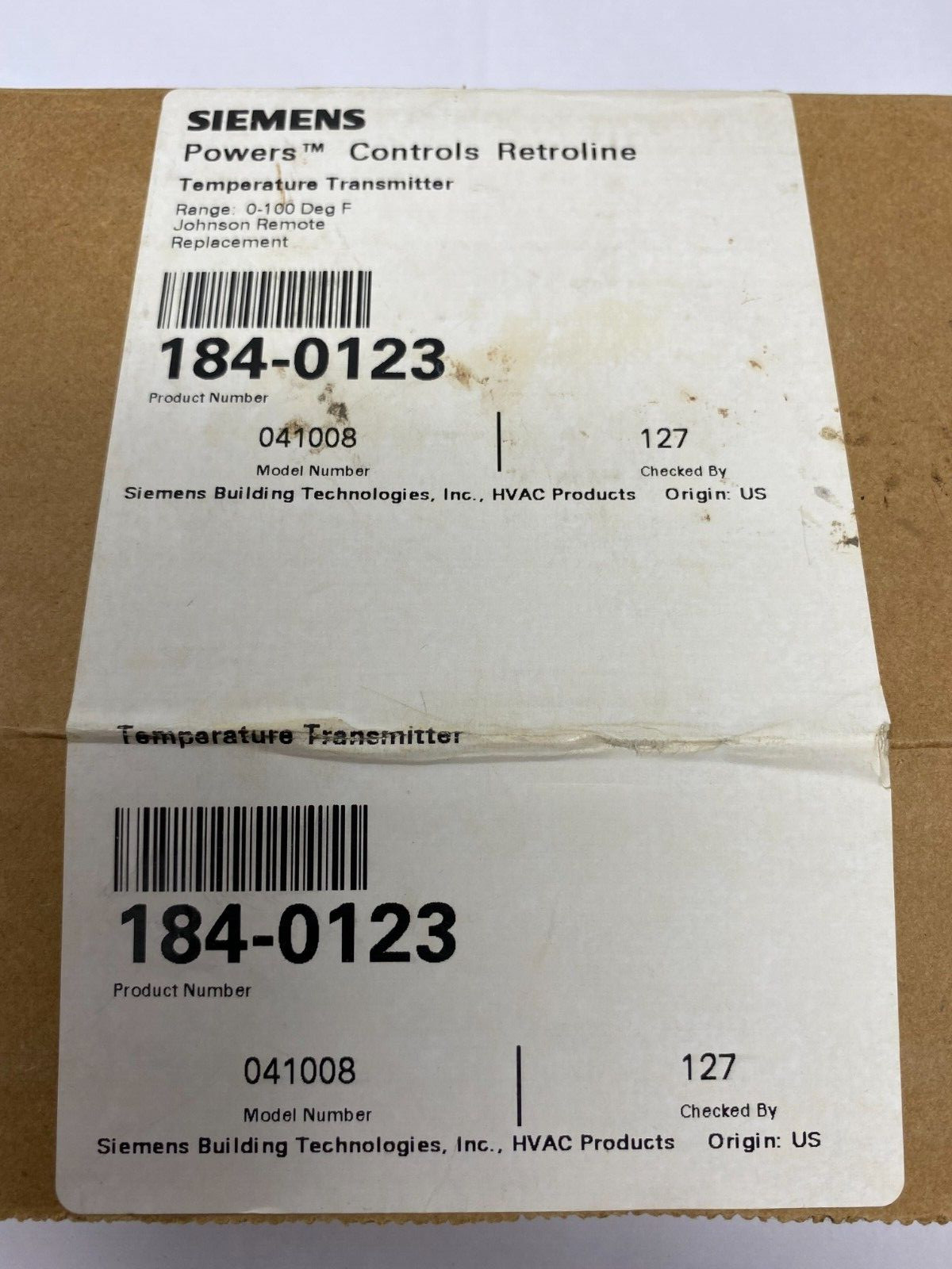 Siemens 184-0123 Power Controls Retroline Temperature Transmitter 0 to 100F