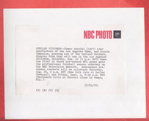 1972 NBC PROMO 7.2 X 9 GLOSSY ROMAN GABRIEL + DARYLE LAMONICA - Picture 2 of 2