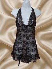 Victoria  s Secret Black Lace Babydoll Lingerie Y2K Sheer Halter Slip Dress Large