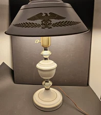 Vintage Eagle& Olive Branch Toleware Tole Lamp 3 way Switch White Gold shade MCM