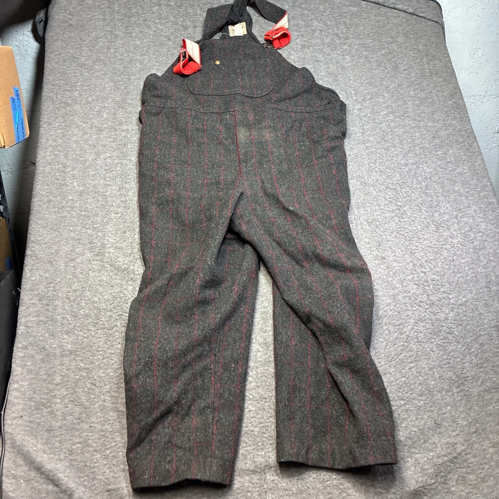 Vintage Woolrich Bib Overalls Mens XL Gray Red Plaid Wool Blend Hunting Outdoor