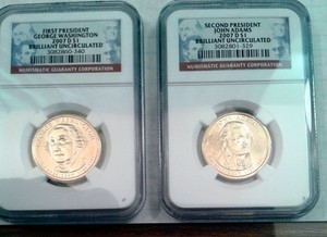 PAIR 2007-D PRESIDENTIAL DOLLARS Washington, Adams NGC Certified Brilliant UNC