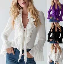 Women V-neck Ruffle Long Sleeve Blouse Top
