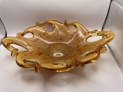 White Cristal Murano 11'' X 7  Handmade in Italy Amber Candy Bowl Dish 3'' Tall