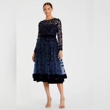 NEW MAC DUGGAL EMBELLISHED ILLUSION HIGH NECK LONG SLEEVE FIT & FLARE DRESS
