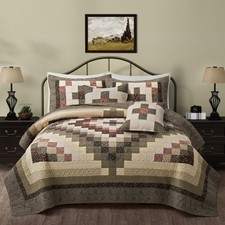 5 Peice Patchwork California King Size Quilt Set Green and Red Beige Oversized P